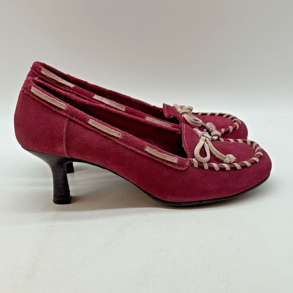 MUDD Y2K Freeda Womens 7 Raspberry Suede Leather Kitten Heel Moccasin Pumps Boho